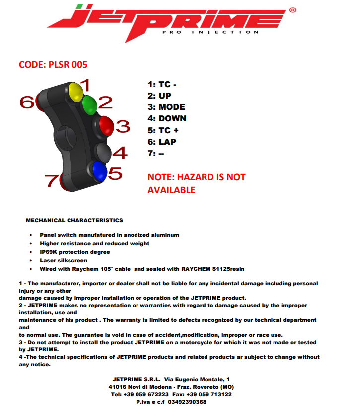 Lenkerschalter Race links JetPrime Ducati Panigale 1299/S (15-18) JP PLSR 005