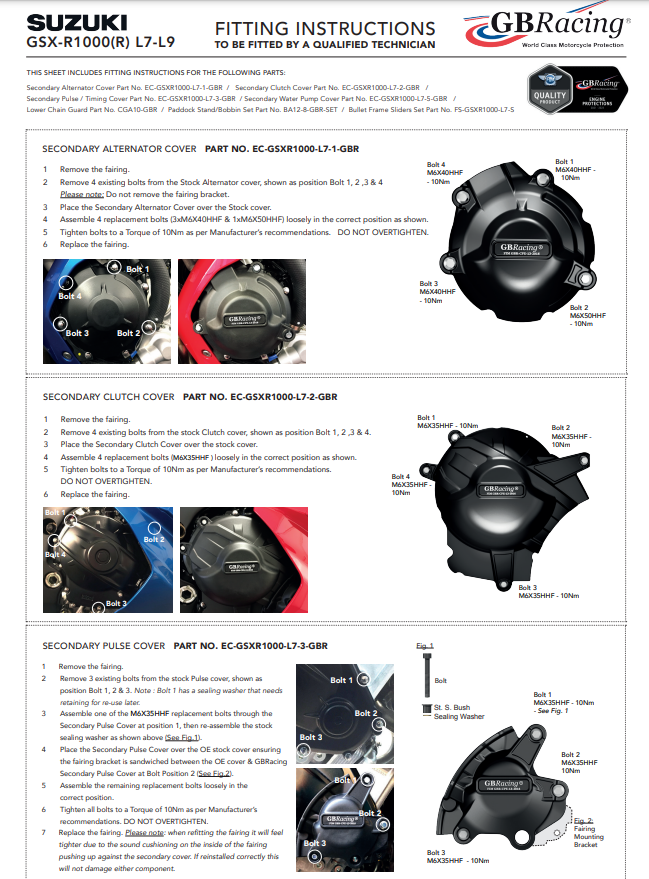 Motordeckel Protektoren Komplettset GBRacing Suzuki GSX-R 1000 (17-23)