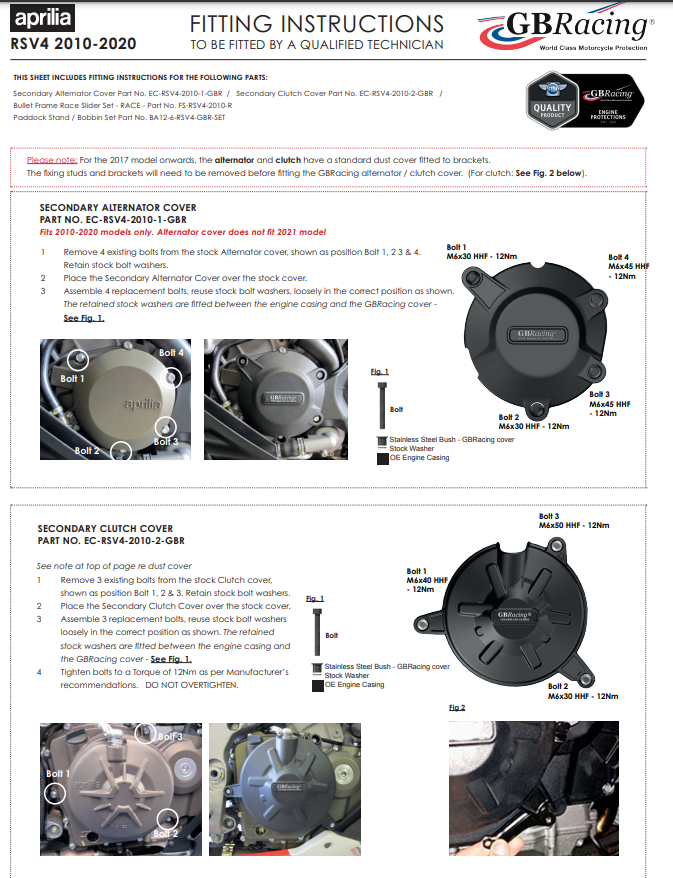 Motorcover beschermers compleetset GBRacing Aprilia RSV4/1100 Factory/R/RR/RF (09-20)