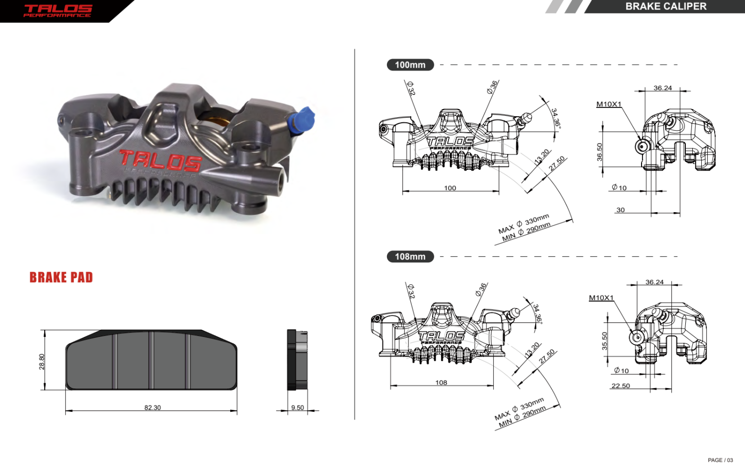 Talos X75 SBK Racing Monoblock P4 32/36 108mm Remklauw Voor Links | X75.108.HD.L 